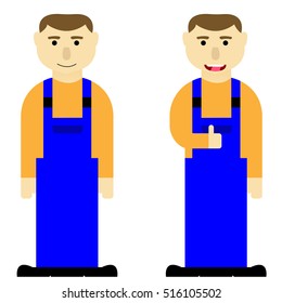 Two smiling workers in blue suits and orange jackets. Workers isolated on white vector illustration.
