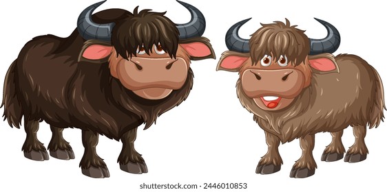 Two smiling yaks in a stylized vector art