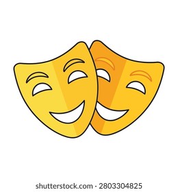 Two smiling yellow comedy masks side by side, theatrical symbols of joy and laughter in performance