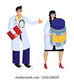 Two smiling young doctors in white medical coats. Male doctor shows a sign class, a female doctor holds an exaggerated giant jar of drugs. Isolated objects on white background. Flat cartoon vector