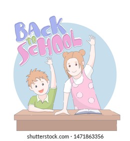 Two smiling young school children arms raised in class. Vector illustration.