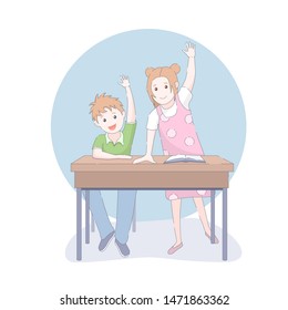 Two smiling young school children arms raised in class. Vector illustration.