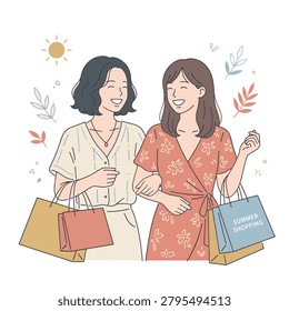 Two smiling young women arm in arm, carrying shopping bags, enjoying a day out together