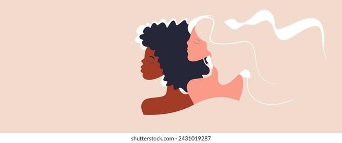 Two smiling young women with different skin colors. Women with beautiful black and blond hair. The background in dusty peach shade. Trendy abstract art templates. Happy Women's Day. Mother's Day.