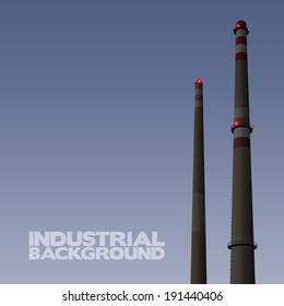Two smokestacks at dusk with lights, nightfall, industrial vector background