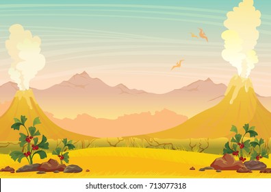 Two smoking volcanoes with lava, yellow grass, green extinct plants, silhouette of pterodactyls and mountains on a blue sky. Prehistoric nature landscape. Vector illustration.