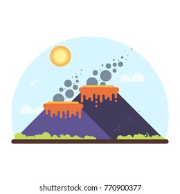 Two smoking volcanoes on island. Flat Style Illustration