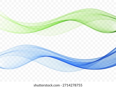 Dos ondas abstractas lisas de colores verdes y azules sobre fondo transparente, elegantes formas abstractas de movimiento.