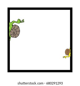 Two snails crawl on a square frame. Vector illustration.