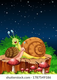 Two snails living in the garden scene at night illustration