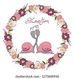 two snails in love in floral frame vector isolated