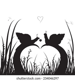 two snails in love on the leaves in grass, shadows, black and white 