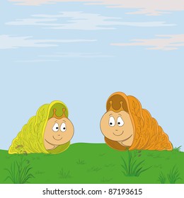 Two snails meet in the green summer meadow. Vector