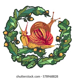two snails and oak leaves