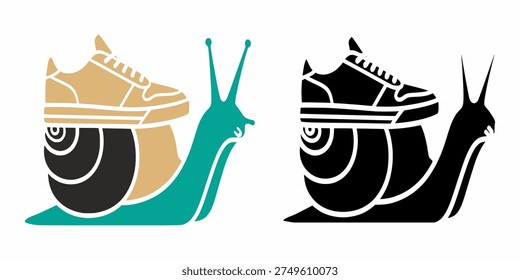 Two snails with sneakers on their shells, one colored and one black and white, on a white background.