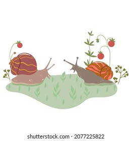 Two snails in a strawberry meadow. Vector graphics.