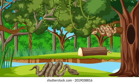 Two snake in forest at daytime scene with many trees illustration