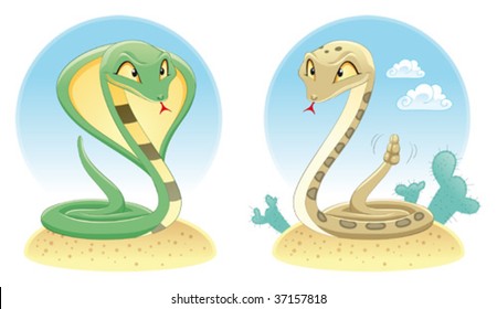 Two Snakes: Cobra and Pit Viper with background. Cartoon and vector reptiles