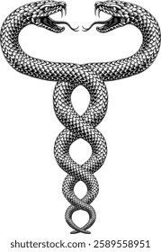 Two snakes coiled twin serpents, original illustration in a vintage woodcut engraving etching style.