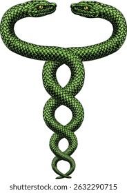 Duas serpentes enroladas gêmeas, ilustração original em um estilo vintage gravura xilogravura.