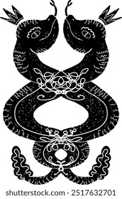 Two snakes in crowns are intertwined, mystical fantasy. Linocut style element texture surface vector