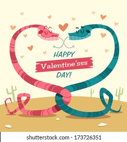 Two snakes fell in love. Valentine's Day Card. Vector illustration.