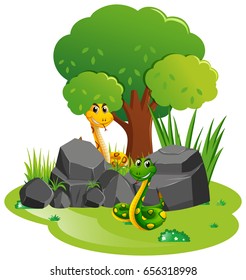 Two snakes in the garden illustration