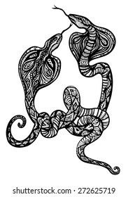 Two snakes ink vector illustration. Hand drawn wild animals. Tangle of fantastic carnivorous reptiles, black drawing at white background.
