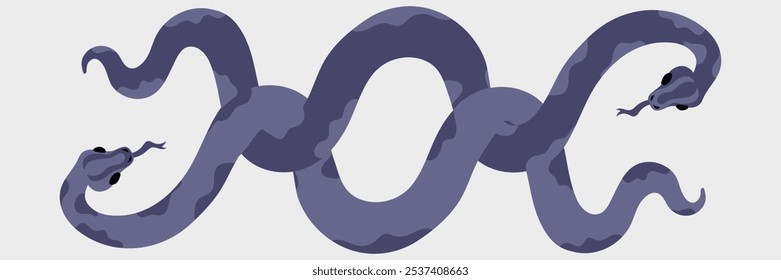 Two snakes are intertwined with modern geometric patterns of snakeskin in shades of future twilight. Minimalistic flat design with dark background. Animals top view isolated in shades of blue. 2025