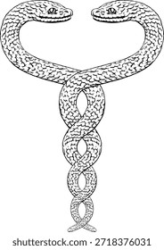 Dos serpientes entrelazadas en una espiral de doble hélice. Ilustración original en un estilo de grabado en madera vintage.