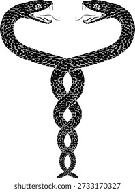 Dos serpientes entrelazadas en una espiral de doble hélice. Ilustración original en un estilo de grabado en madera vintage.