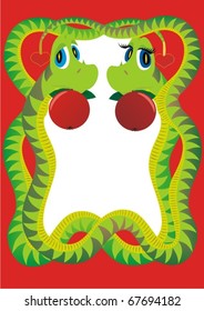 Two snakes keep the mouth red apples