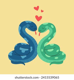 Two snakes in love sitting together. Romantic reptiles couple with hearts. Vector flat illustration for valentines day poster, banner, greeting card