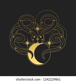 Two snakes with moon. Vector hand drawn illustration