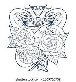 Two snakes with open mouth, roses and leaves.  Monochrome tattoo style vector art. 