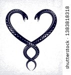 Two Snakes in a shape of heart, love is cruel concept, lovers couple arguing, quarrels in relations, vector logo emblem or tattoo in vintage classic style.