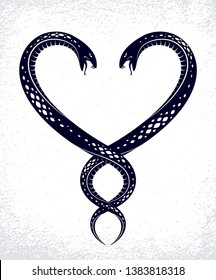 Two Snakes in a shape of heart, love is cruel concept, lovers couple arguing, quarrels in relations, vector logo emblem or tattoo in vintage classic style.