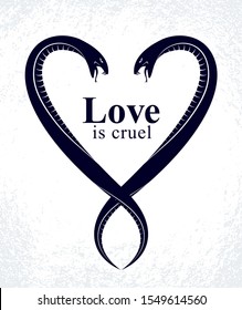Two Snakes in a shape of heart, love is cruel concept, lovers couple arguing, quarrels in relations, vector logo emblem or tattoo in vintage classic style.
