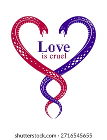 Dos serpientes en forma de corazón, el amor es un concepto cruel, la pareja de amantes discute, las peleas en las relaciones, el logotipo del Vector emblema o tatuaje en estilo clásico vintage.