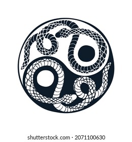 Two snakes in the shape of the Yin Yang symbol. Hand-drawn with ink in traditional Japanese painting style. Vector engraving illustration for your oriental styles art.