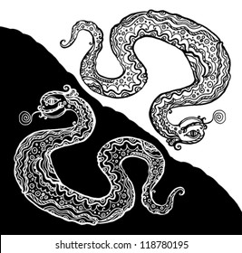 Two snakes. White snake on a black background, the black snake on a white background.