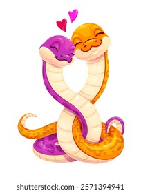 Two snakes wrap around each other in valentines day love. Funny cartoon intertwined reptiles couple with love hearts, Asian and Chinese lunar new year characters. Vector romantic serpent personages