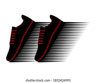 Zwei Turnschuhe auf abstraktem Regal. Ein Paar Sportschuhe zum Laufen. Rote und schwarze Silhouette. Sportschuhe für Männer und Frauen. Modische Jugendschuhe. Vektorgrafik, Symbol, Logo. Seitenansicht.