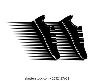 Dos zapatillas en una estantería abstracta. Un par de zapatos deportivos para correr. Silueta blanca y negra. Calzado deportivo para hombres y mujeres. Zapatos juveniles de moda. Ilustración vectorial, icono, logotipo. Vista lateral.