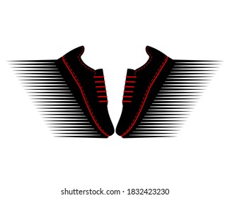 Two sneakers with speed image. A pair of sports shoes for running. Red and black silhouette. Sport footwear for men and women. City fashionable youth shoes. Vector illustration, icon, logo. Side view.