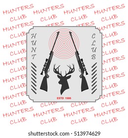 two sniper rifles. in the middle of a deer head with antlers.
Â  totally vector illustration. against the background of the inscription.