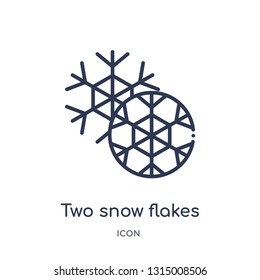 two snow flakes icon from shapes outline collection. Thin line two snow flakes icon isolated on white background.