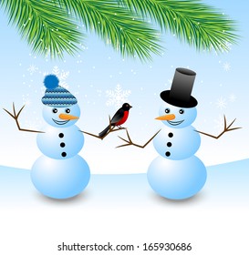 two snow men with a bird bullfinch,vector illustration