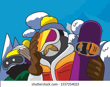 two snowboarder with colourful outfits