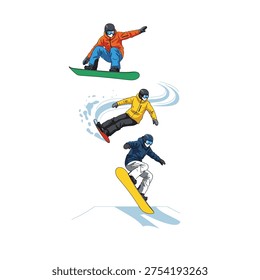 Two snowboarders in action isolated on white background, vector illustration.